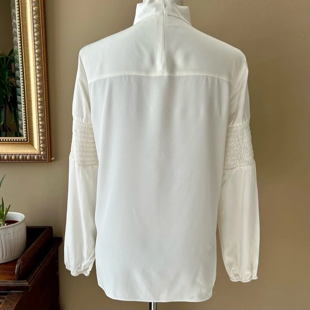 Tibi White Silk Mock Neck Long Sleeve Blouse Smocked Detailing S / XS